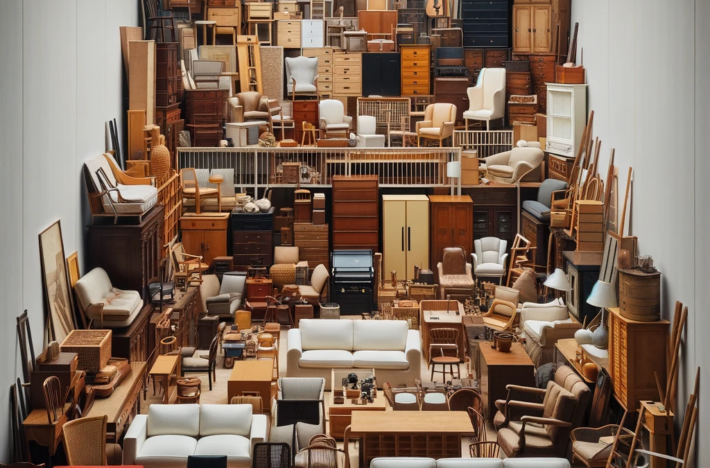 Image of a room densely packed with various pieces of furniture stored inside. The room contains a variety of furniture items like sofas, chairs, tables