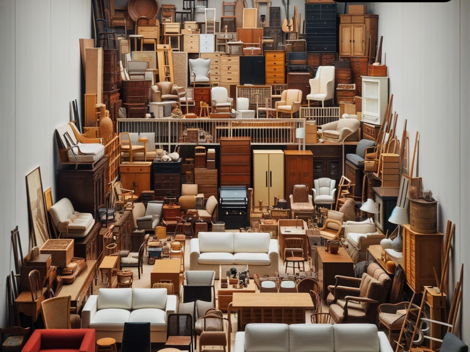 Image of a room densely packed with various pieces of furniture stored inside. The room contains a variety of furniture items like sofas, chairs, tables